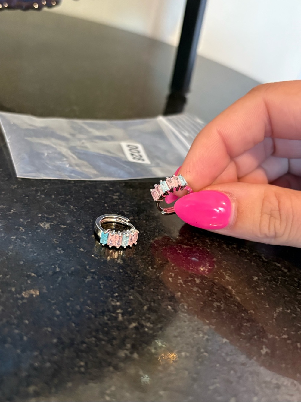 18carat White Gold Plated Silver Huggie Hoop Earrings with Pink and Aqua Stones